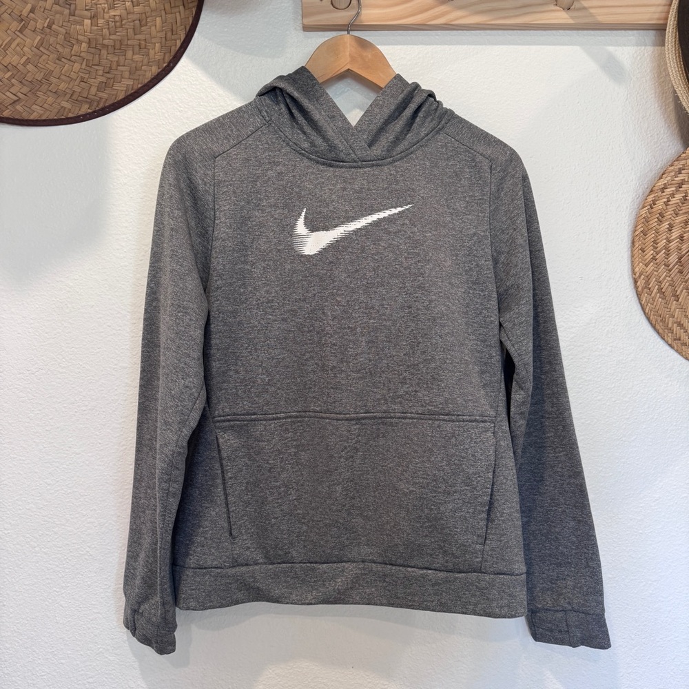 Nike Youth Therma-FIT Heather Gray Pullover Hoodie with Logo and Pocket